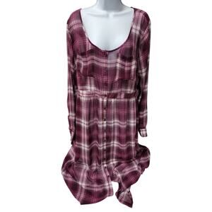 TORRID womens sz 2 18-20 PLAID DRAWSTRING WAIST dress red pink long sleeve white